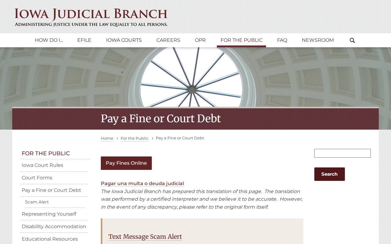 Kossuth County traffic warrant court debt payment page