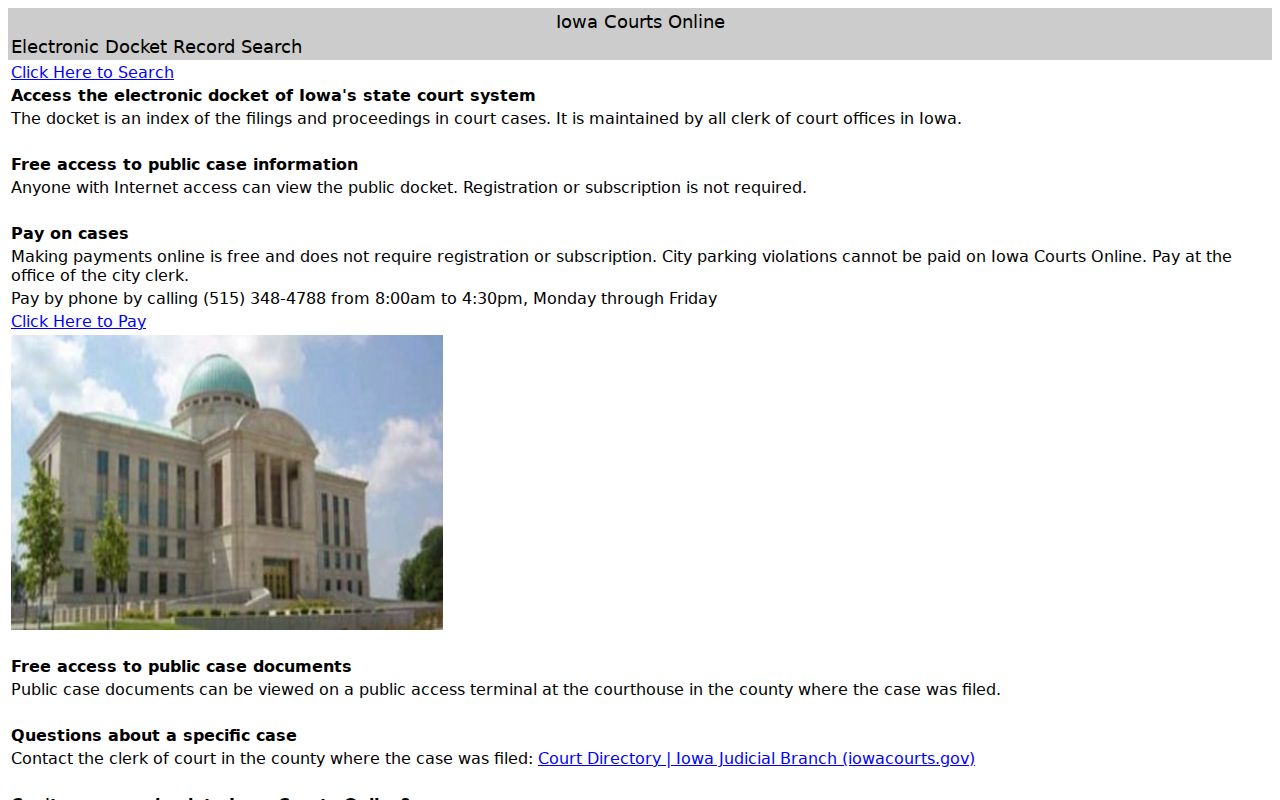 Iowa Courts Online public docket interface for Kossuth County warrant research