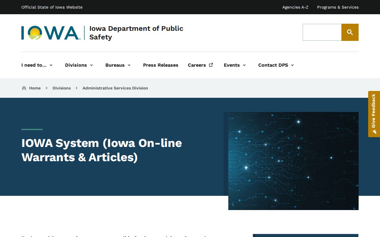 Iowa IOWA System page showing the law-enforcement-only warrant network