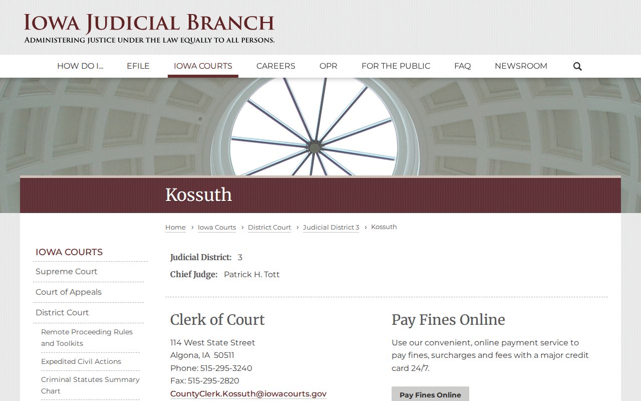 Kossuth County Clerk of Court official contact page
